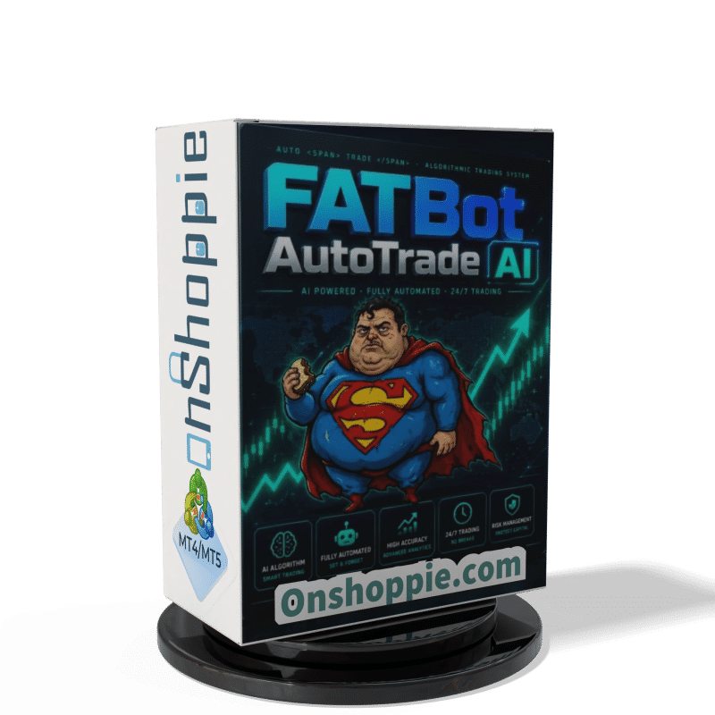 Box for FATBot AutoTrade AI software on a black display stand with Onshoppe branding visible on the side of the box