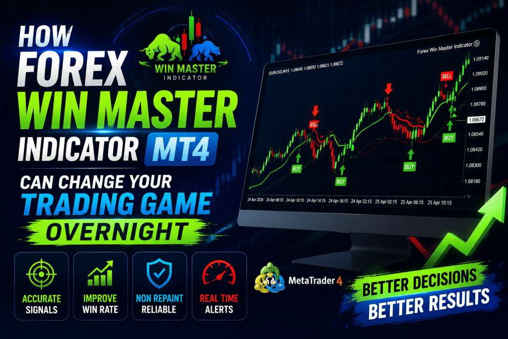 Promotional image for the Forex Win Master MT4 indicator showing a trading chart with buysell arrows and bold branding promises of better trading results