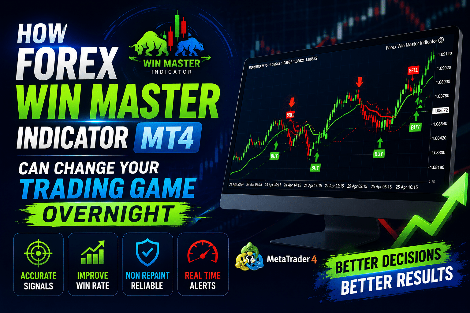 Promotional image for the Forex Win Master MT4 indicator showing a trading chart with buysell arrows and bold branding promises of better trading results