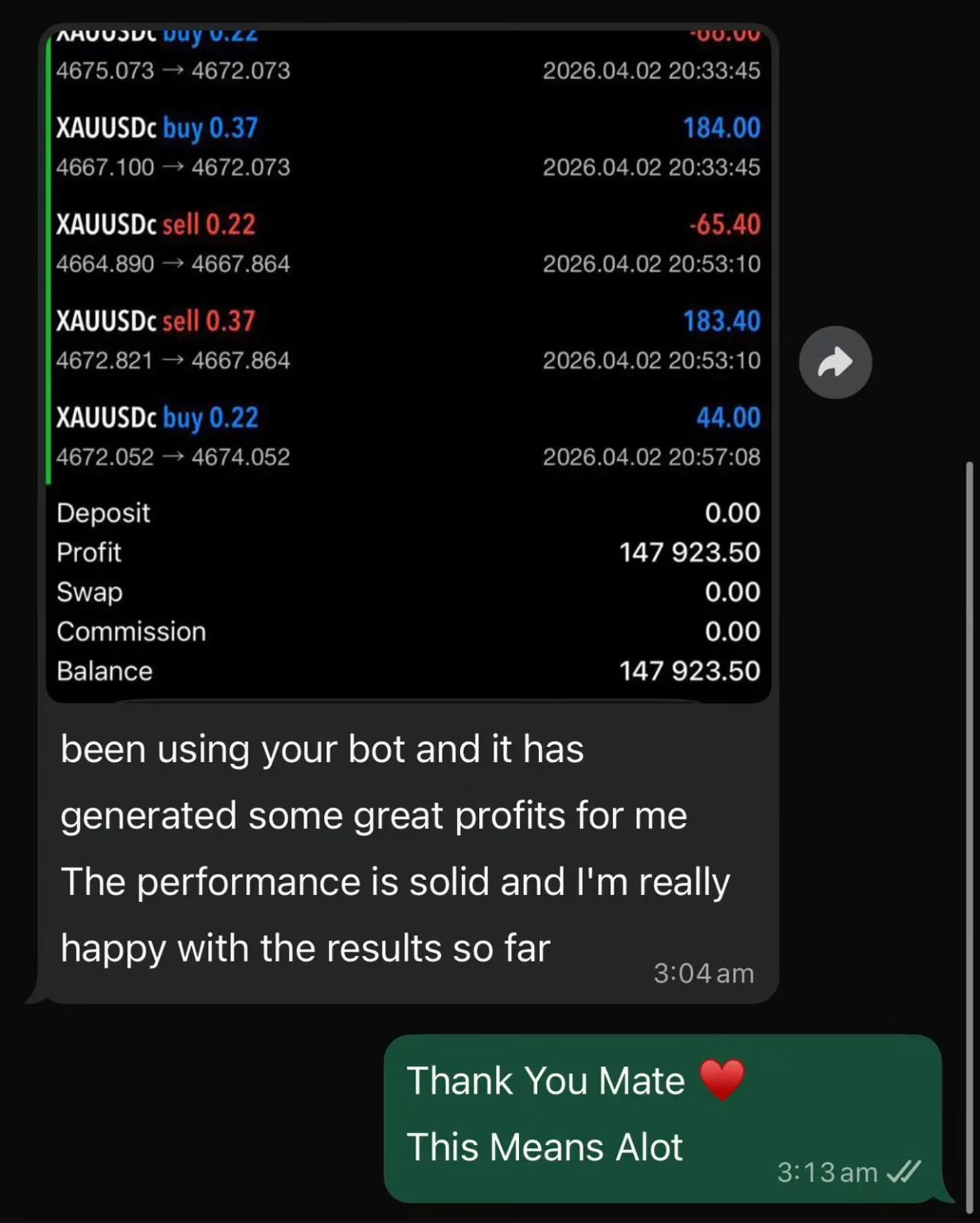 DudeAlphaGoldEAMT5Preview11231x1536 OnShoppie Trading screen listing several XAUUSD buysell orders with profits and a balance total at the bottom