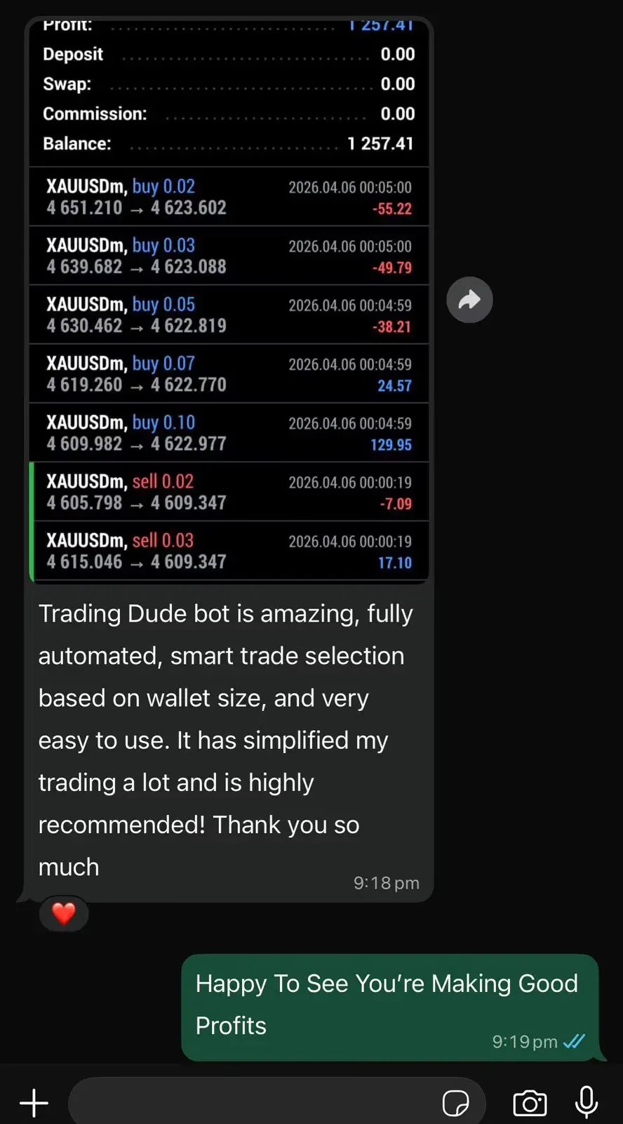 DudeAlphaGoldEAMT5Preview2 OnShoppie Screenshot of a trading app showing multiple XAUUSDm buysell orders with entry and current prices times and profitloss values PL Balance shown as 1 25741