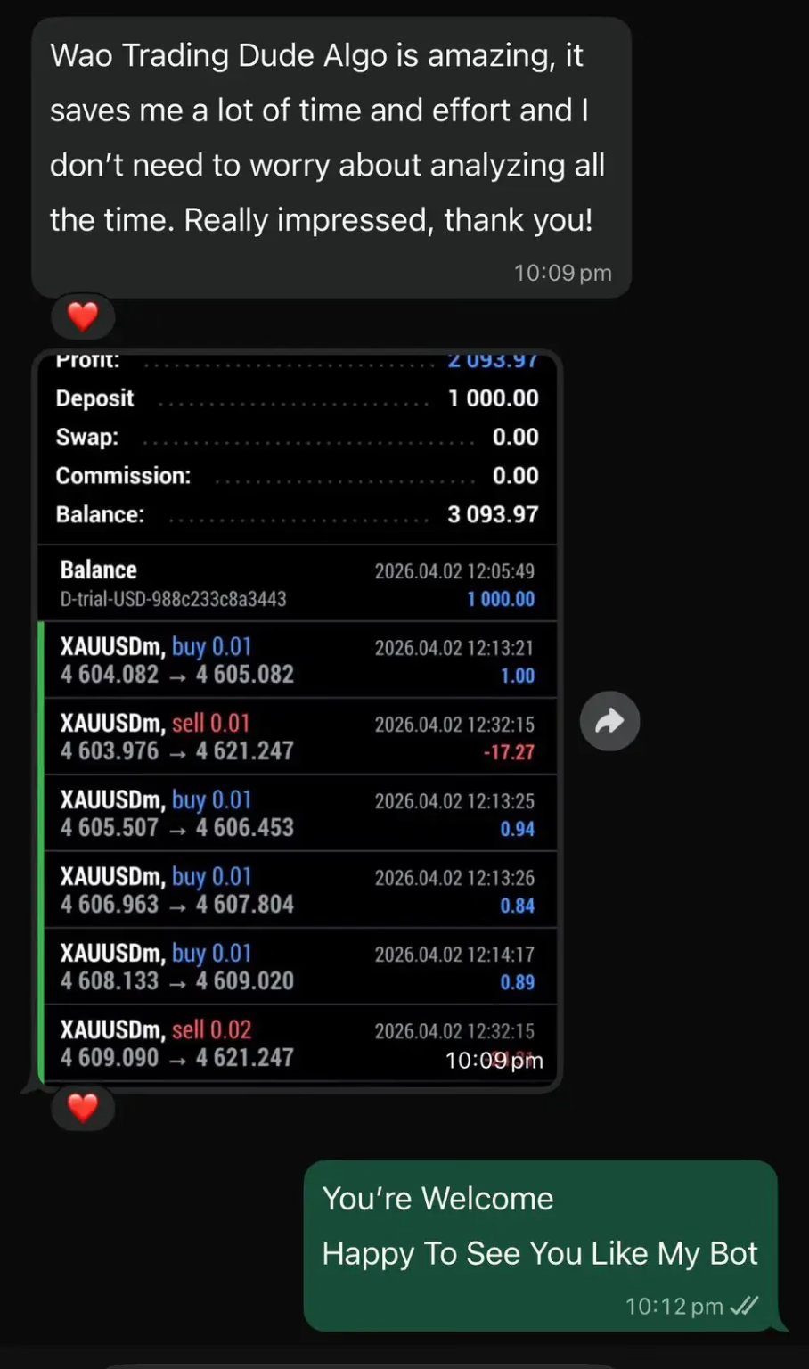 DudeAlphaGoldEAMT5Preview4908x1536 OnShoppie Testimonial message about a trading bot saving time followed by a dark app screenshot of profit and balance details in a chat thread