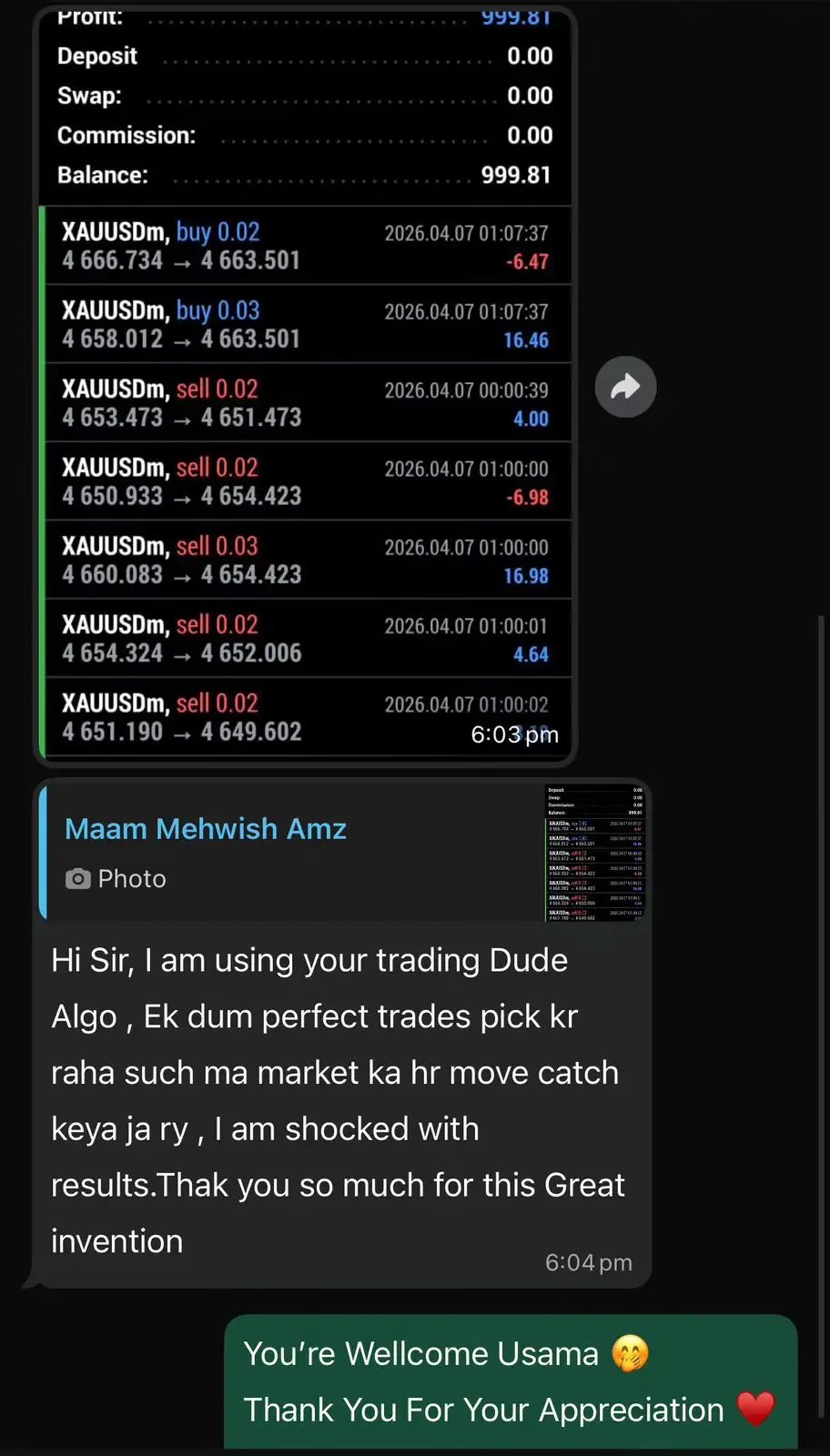 DudeAlphaGoldEAMT5Preview5 OnShoppie Screenshot of a trading app showing XAUUSDm buysell orders prices and a balance of 99981