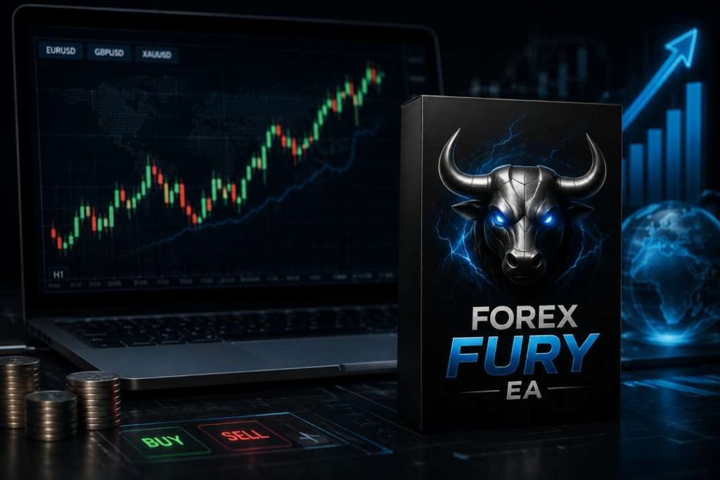 Forex trading software box labeled FOREX FURY EA beside a laptop displaying a fluctuating chart and buysell buttons on a trading desk